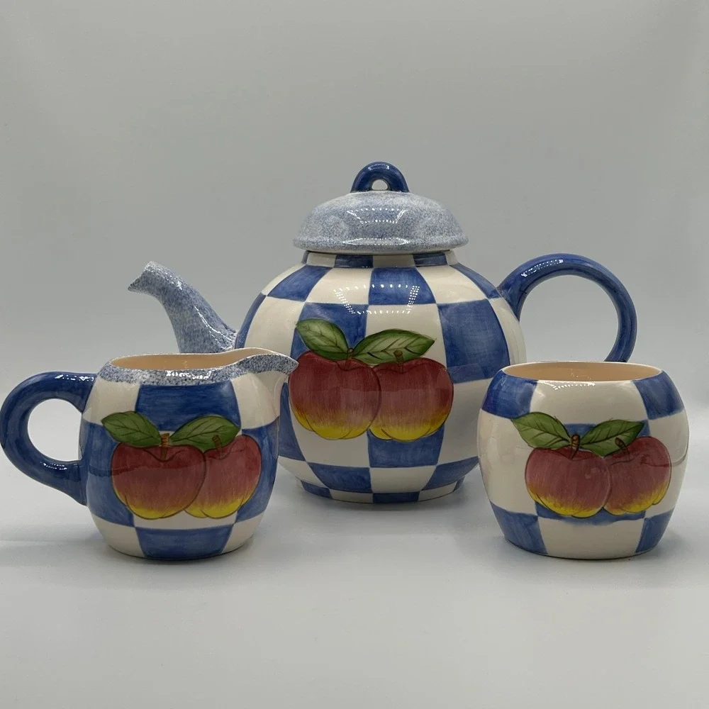 The Zrike Company Orchard Teapot Creamer Sugar Set Blue Checkerboard Cottagecore